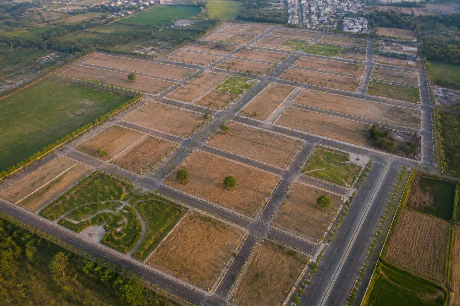 Aerial view of the planned plot grid and parks at Shakti Vihar Yojna