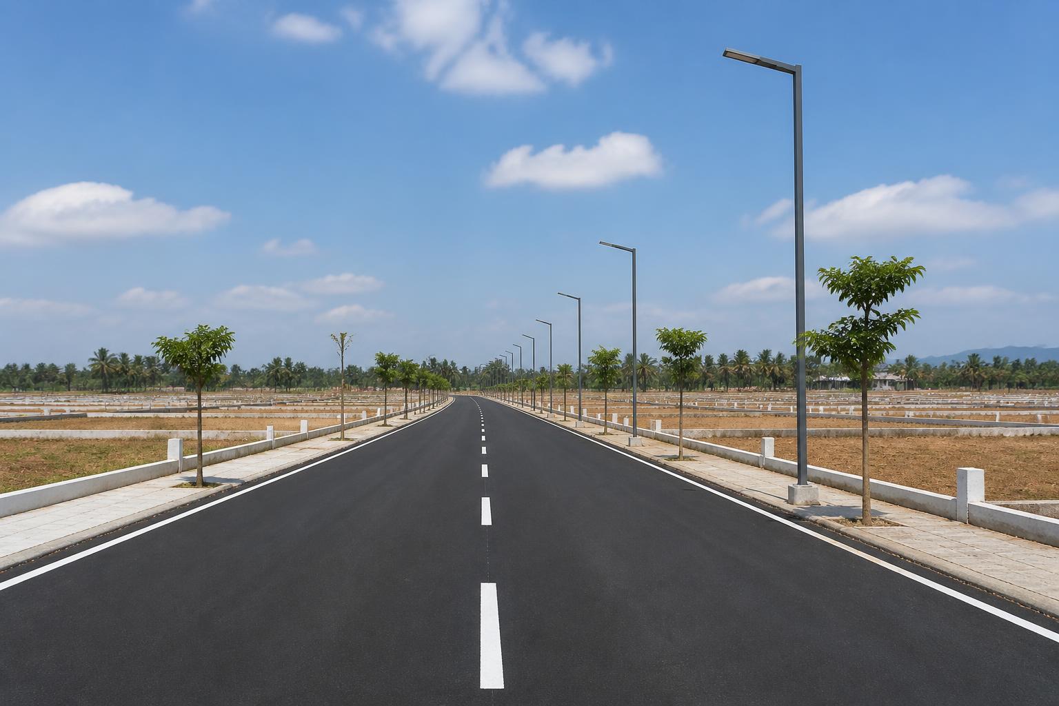 Freshly laid wide internal road with street lights at the township