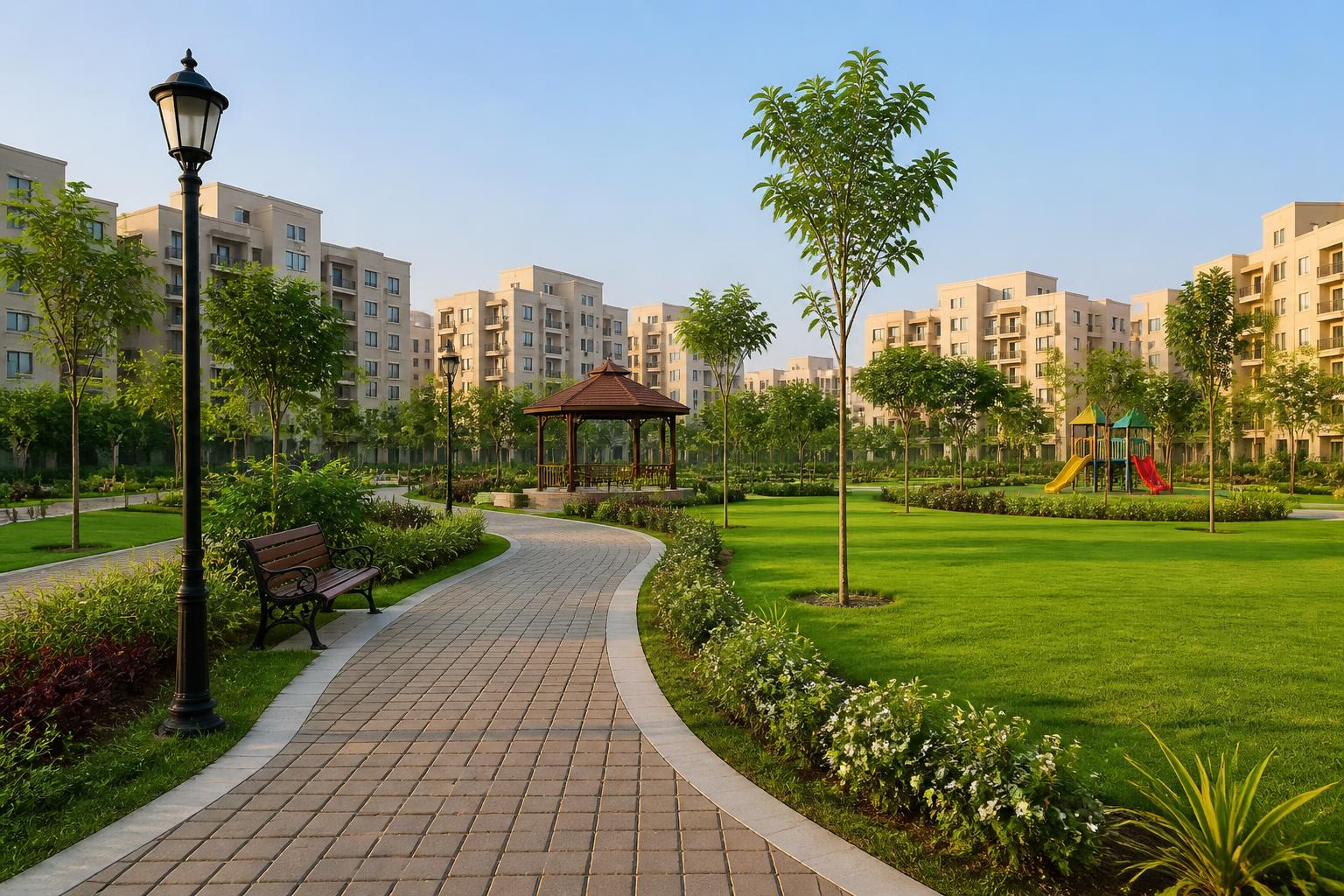 Landscaped park with walking track, gazebo and play area inside the township